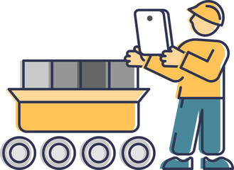 Illustration of a worker using a tablet to control construction equipment remotely.