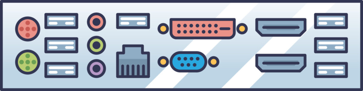 Illustration of various computer ports including USB, HDMI, and Ethernet.