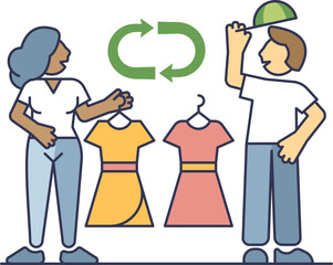 Illustration of clothing exchange in a secondhand store with two people and dresses.