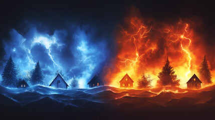 Fototapeta premium Weather infographic with icons showing thunder, lightning, wind, rain, tornadoes, which are the causes of natural disasters.