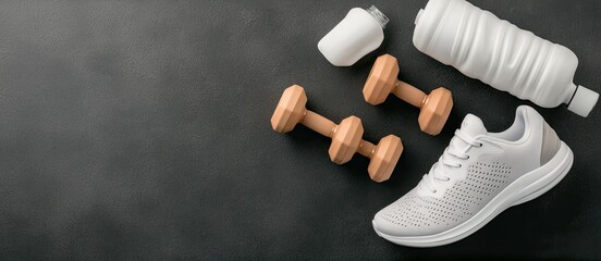 A top view layout features blue dumbbells alongside a water bottle and sports shoes on a black background, providing ample space for branding and promotional text