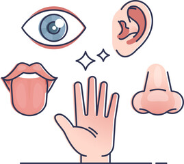 Illustration of five senses: sight, hearing, taste, touch, and smell, representing sensory memory.