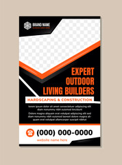 Roll-up banner to expert outdoor living builders hardscaping and construction. combination orange and white colors element. space for photo collage. vertical layout mockup on black background.