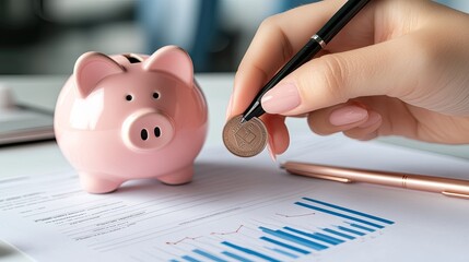 A woman is putting a coin into a pink piggy bank, demonstrating her commitment to saving for future goals while surrounded by papers and a pen at a table