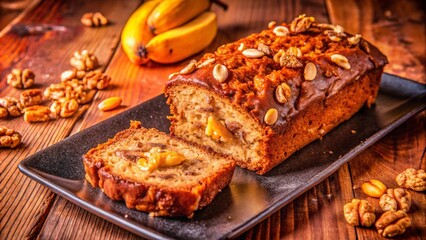 Fototapeta premium A loaf of banana bread with walnuts and peanuts on a wooden table with a slice cut out.