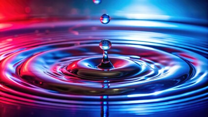 A single water droplet falling into still water creates ripples reflecting vibrant red and blue light.