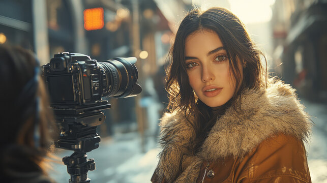 A fashion photographer directing a model in an urban setting,