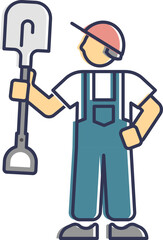 Illustration of a worker in overalls holding a shovel, symbolizing labor and construction.