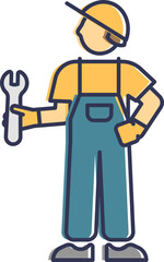 Illustration of a worker in overalls holding a wrench, symbolizing labor and repair.