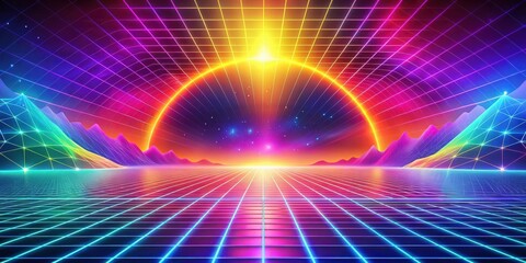 Fototapeta premium A neon grid and vibrant mountains fade into a celestial horizon with a glowing arc