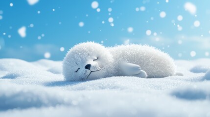 A baby seal sliding across the snowy ice, as snowflakes fall gently from the sky in a winter wonderland by the sea.