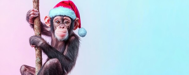 Fototapeta premium A charming chimpanzee with a Santa hat, swinging from a tree branch, with a pastel gradient background of sky blue and lavender.