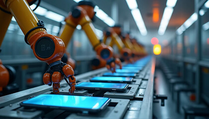 In a tech industry, robotic arms are used to assemble smartphones on a production line during the day. 
