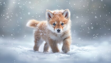 Obraz premium A cuddly wolf pup standing in deep snow, with snowflakes softly falling around its fluffy ears in a serene winter setting.