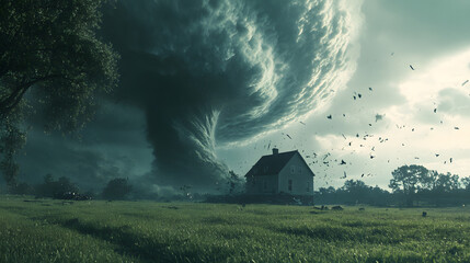 oblique shot of a massive tornado approaching a small house in an open field, emphasizes the destructive power of nature, ideal for disaster and cinematic themes