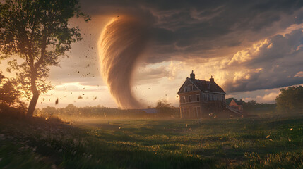 oblique shot of a massive tornado approaching a small house in an open field, emphasizes the destructive power of nature, ideal for disaster and cinematic themes