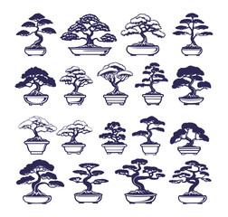 Collection of bonsai in pots of different sizes and shapes. All trees are made in the style of sketch silhouette. Isolated on white background. Vector
