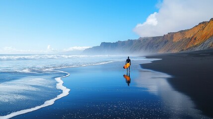 Beautiful coastline, black sand beaches, and surfers riding waves under clear skies. Coastal tranquility and intertwined waves present a harmonious fusion of nature and movement