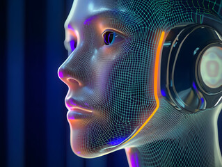 Virtual reality or cyberspace concept: model of male face. Digital human or robot head - abstract visualization of artificial intelligence and future technology.