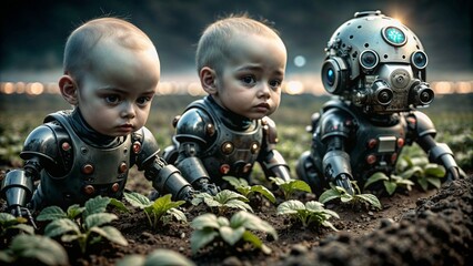 Futuristic Babies and Robot Exploring Nature for Sci-Fi Blogs, Creative Websites, and Technology-Themed Presentations

