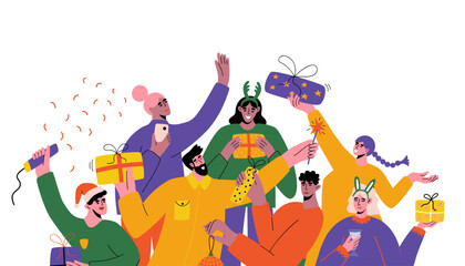 Christmas party illustration. Card of diverse people have fun and celebrate winter holidays. Vector design for poster, background, banner.