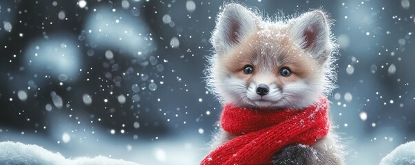 Obraz premium A fluffy baby fox wearing a bright red scarf, standing in a snowy forest, with soft snowflakes falling all around.