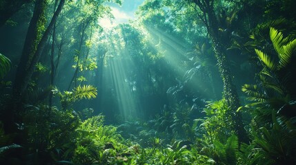 Fototapeta premium Sunlight Beams Through Lush Rainforest