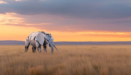 Fototapeta premium A grazing robotic elephant with a sleek metallic body, standing amidst tall grass, under a golden sunset.