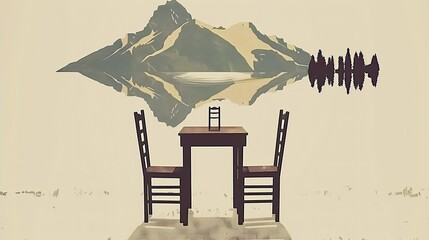 Design wall art with a black silhouette of mountains and trees in front of them