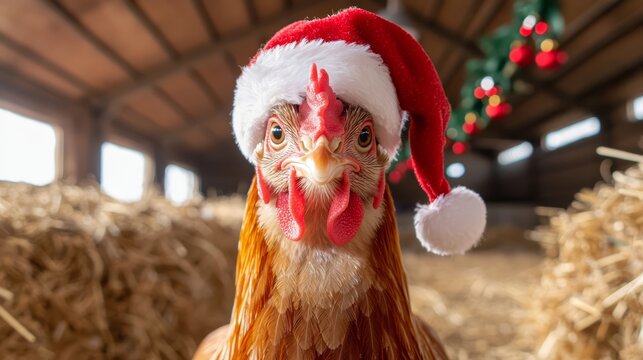 A humorous close-up of a chicken with a slightly crooked Santa hat, standing in a barn decorated with festive holiday garlands and straw.