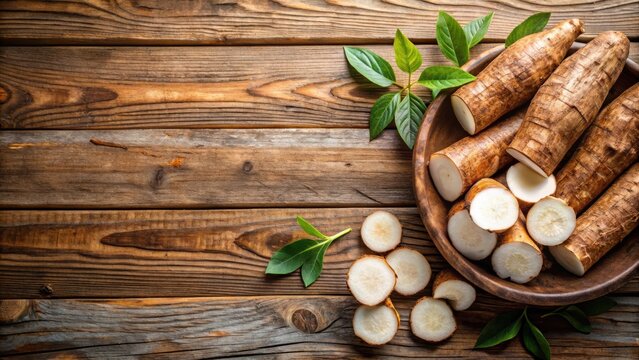 Fresh cassava root with slices and green leaves on a rustic wooden background