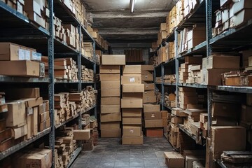 Obraz premium A Narrow Aisle in a Cardboard Box Warehouse