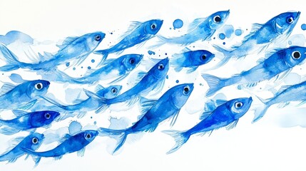 Fototapeta premium The abstract illustration shows a scene of a large number of blue small fish swimming against a pure white background. Minimalist design showcases the fluidity and sportiness of fish schools