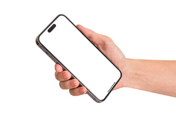 Hand showing smartphone with blank screen isolated on white background. Concept for business finance, Technology concept, Product advertising concept and Marketing concept. High quality image for you.