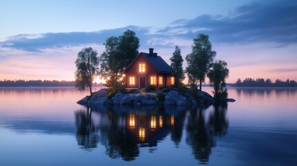 Fototapeta premium Charming Swedish House on Serene Small Island at Sunset with Reflections in Calm Waters