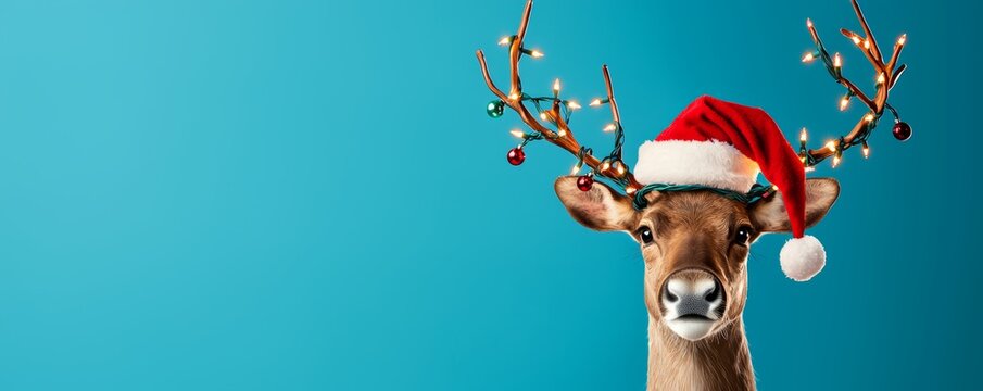 A reindeer wearing a festive Santa hat, with its antlers wrapped in twinkling fairy lights, surrounded by holiday decorations.
