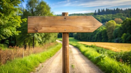 Fototapeta premium A Rustic Wooden Arrow Sign Points Toward a Country Road Leading Through a Lush Green Landscape