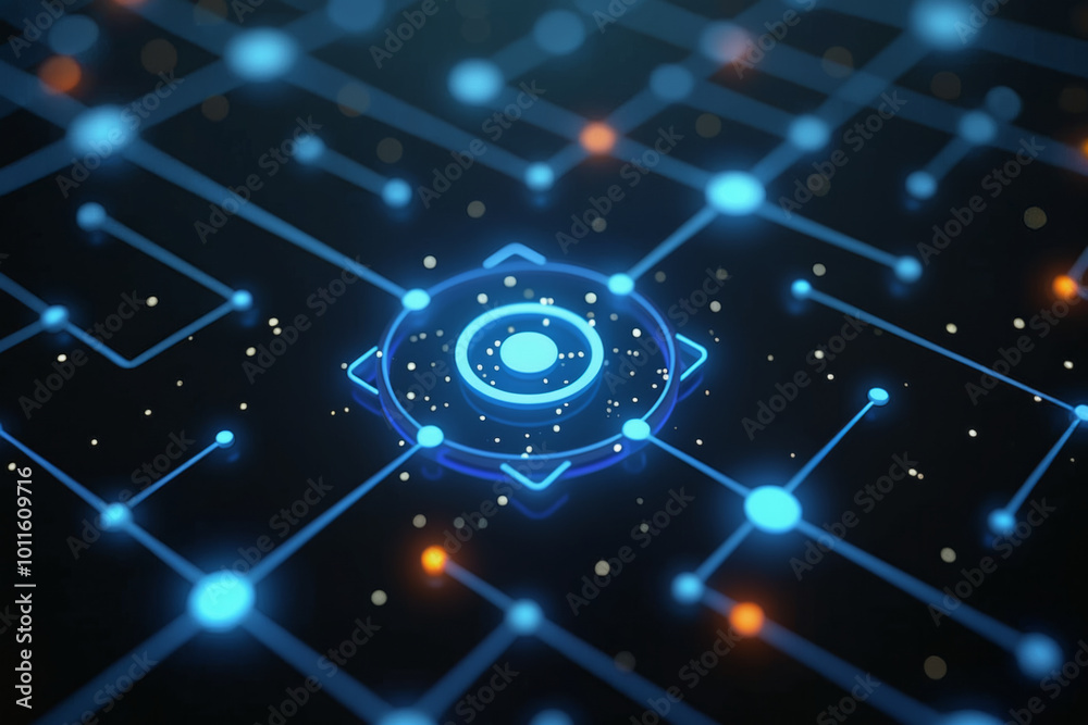 Canvas Prints a blue round icon surrounded by a network of lines and dots, representing digital surveillance and t