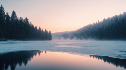 Fototapeta premium Serene Winter Landscape with Frozen Lake and Snow-Covered Trees at Sunset in Mist