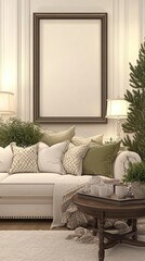 Obraz premium An empty wooden frame hangs on the wall of a Japandi-style bedroom, where neutral tones, soft textiles, and natural light create a serene atmosphere