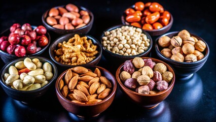 Obraz premium Assortment of various nuts and seeds in brown bowls on a dark background.