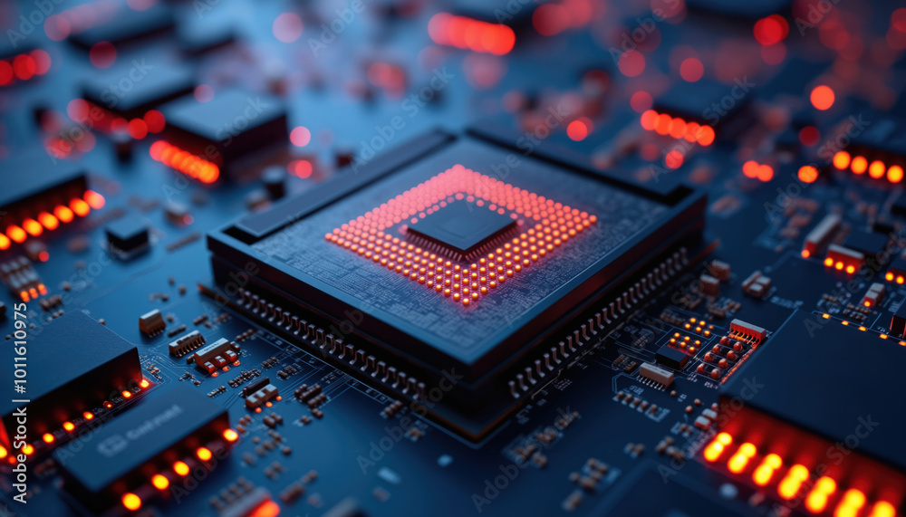 Poster red processor on dark circuit board: a red processor on a dark circuit board, representing high-perf