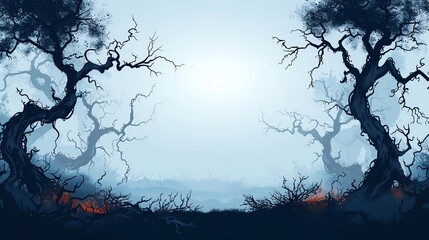 Spooky trees with twisted branches at the border