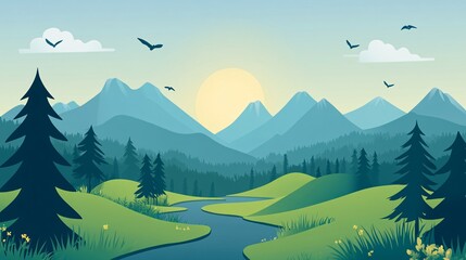 Scenic mountain landscape with river and trees