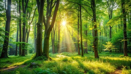 Obraz premium Sunbeams filtering through a dense canopy of leaves in a lush, green forest, illuminating the forest floor with a radiant glow.