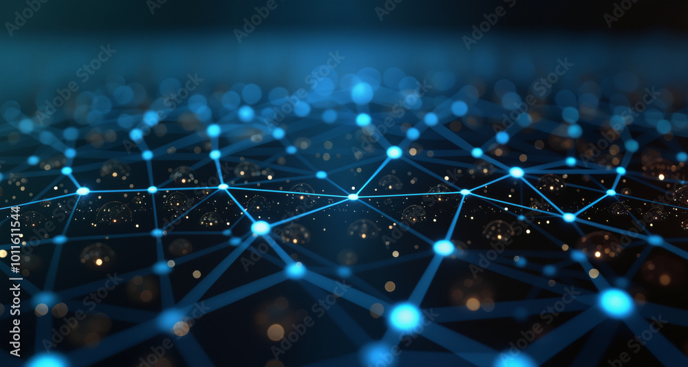 Poster abstract blue and black background with connected lines and dots, representing digital networking an