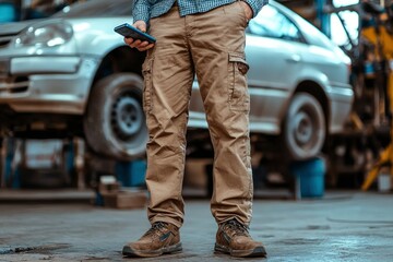 A Person Wearing Brown Pants and Shoes Standing in a Garage with a Car in the Background