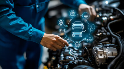 A mechanic holds icons representing repairs like a wheel, oil drop, gear, and engine over an engine bay, highlighting modern car diagnostics and technology