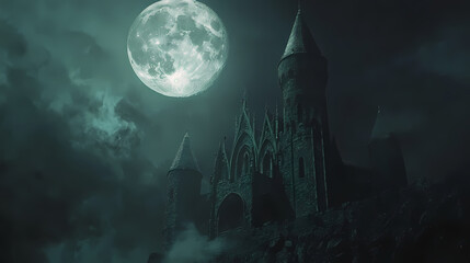 Naklejka premium Castle on a scary full moon night halloween holiday banner background concept. Dark Wizard's Tower. Illustration