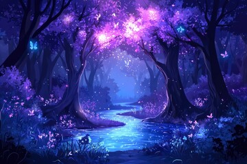 Enchanting Nighttime Forest with a Glimmering Stream and Butterflies